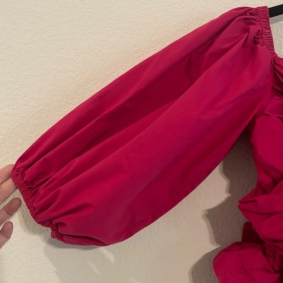 Express Women’s Peplum Top Small Hot Pink Cross Front Smock Back Balloon Sleeve - Picture 6 of 14